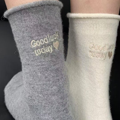 Grey & Off-White Lucky Message Socks, Plush Knit Mid-Calf Socks With Heart Embroidery, Comfortable Thermal Socks For Everyday Wear