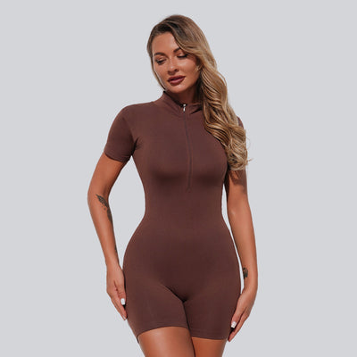 Zippered Short-sleeve Workout And Running, One-piece Shorts jumpsuit