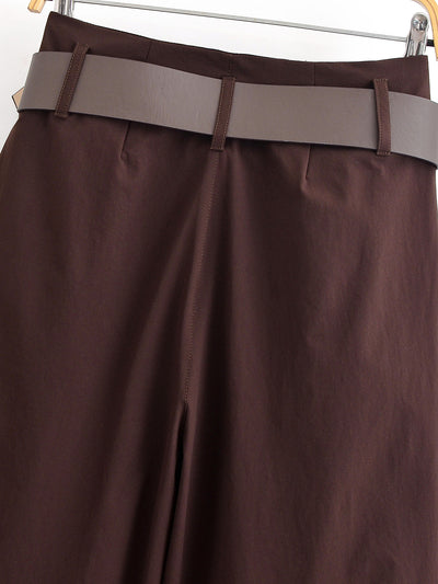 Chocolate Brown High-Waisted Wide-Leg Trousers With Belt