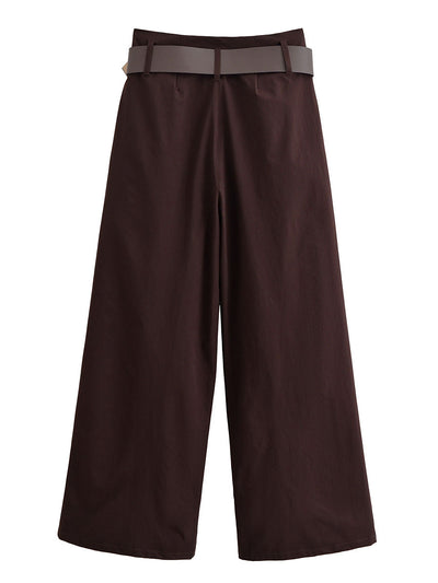 Chocolate Brown High-Waisted Wide-Leg Trousers With Belt
