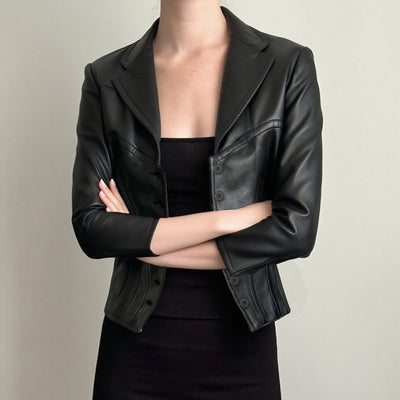 Dark Style Spicy Girl Short Style Lapel V-neck Leather Jacket For Women
