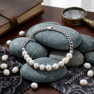 925 Sterling Silver Elegant Pearl and Sterling Chain Bracelet with Classic Design