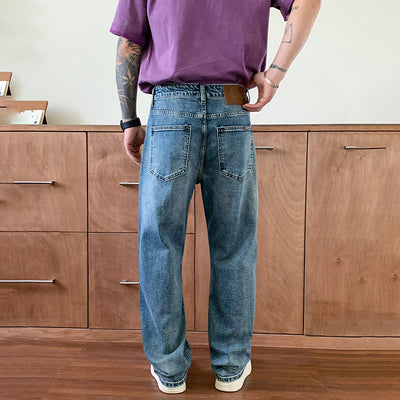 High-quality New Washed Blue Men's Jeans, Slightly Stretchy, Regular Fit Straight Leg