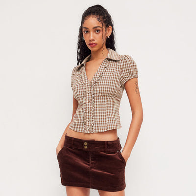 Women's Retro Plaid Lace-Up Small Lapel Shirt