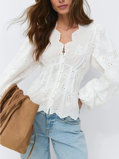 Lace-trimmed Casual Solid-color Women's Shirt