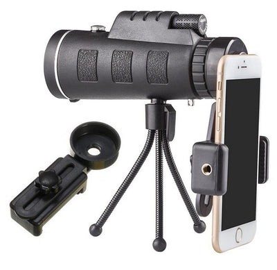 Monocular Zoom Telescope with Tripod and Compass Phone Clip. Compatible with Apple
