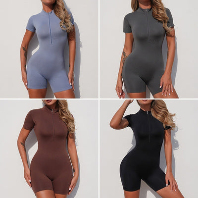 Zippered Short-sleeve Workout And Running, One-piece Shorts jumpsuit