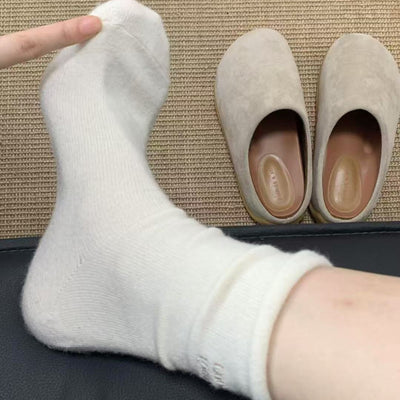 Grey & Off-White Lucky Message Socks, Plush Knit Mid-Calf Socks With Heart Embroidery, Comfortable Thermal Socks For Everyday Wear