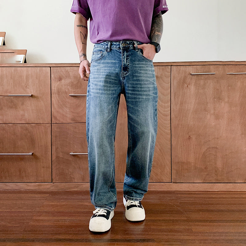High-quality New Washed Blue Men's Jeans, Slightly Stretchy, Regular Fit Straight Leg
