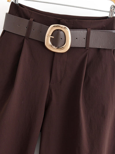 Chocolate Brown High-Waisted Wide-Leg Trousers With Belt