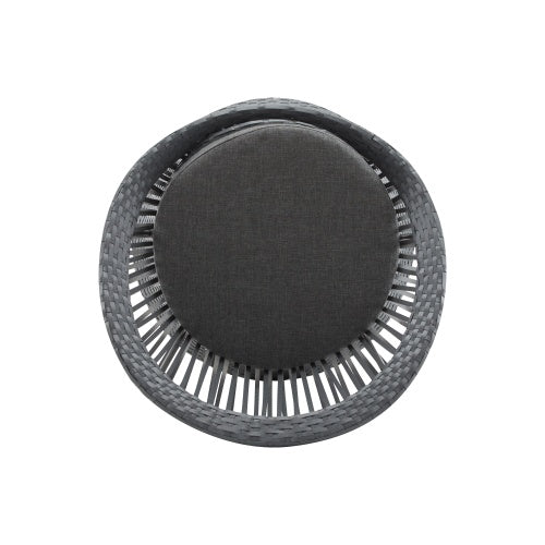Round black air filter with metallic rim on a white background