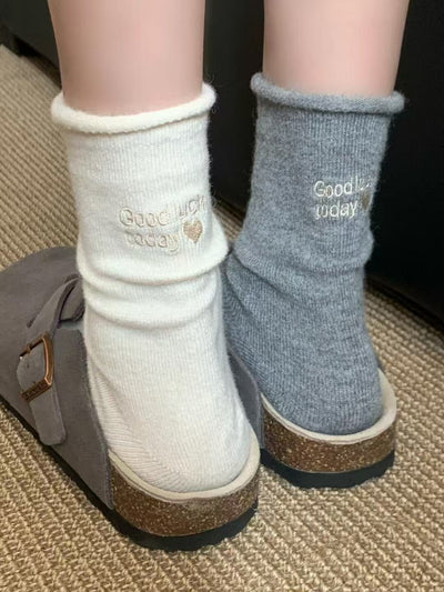 Grey & Off-White Lucky Message Socks, Plush Knit Mid-Calf Socks With Heart Embroidery, Comfortable Thermal Socks For Everyday Wear