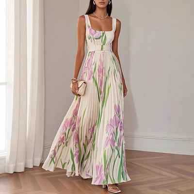 Floral Print Pleated Dress Summer A-Line Sleeveless Midi Dresses Women's Clothing