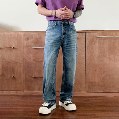 High-quality New Washed Blue Men's Jeans, Slightly Stretchy, Regular Fit Straight Leg