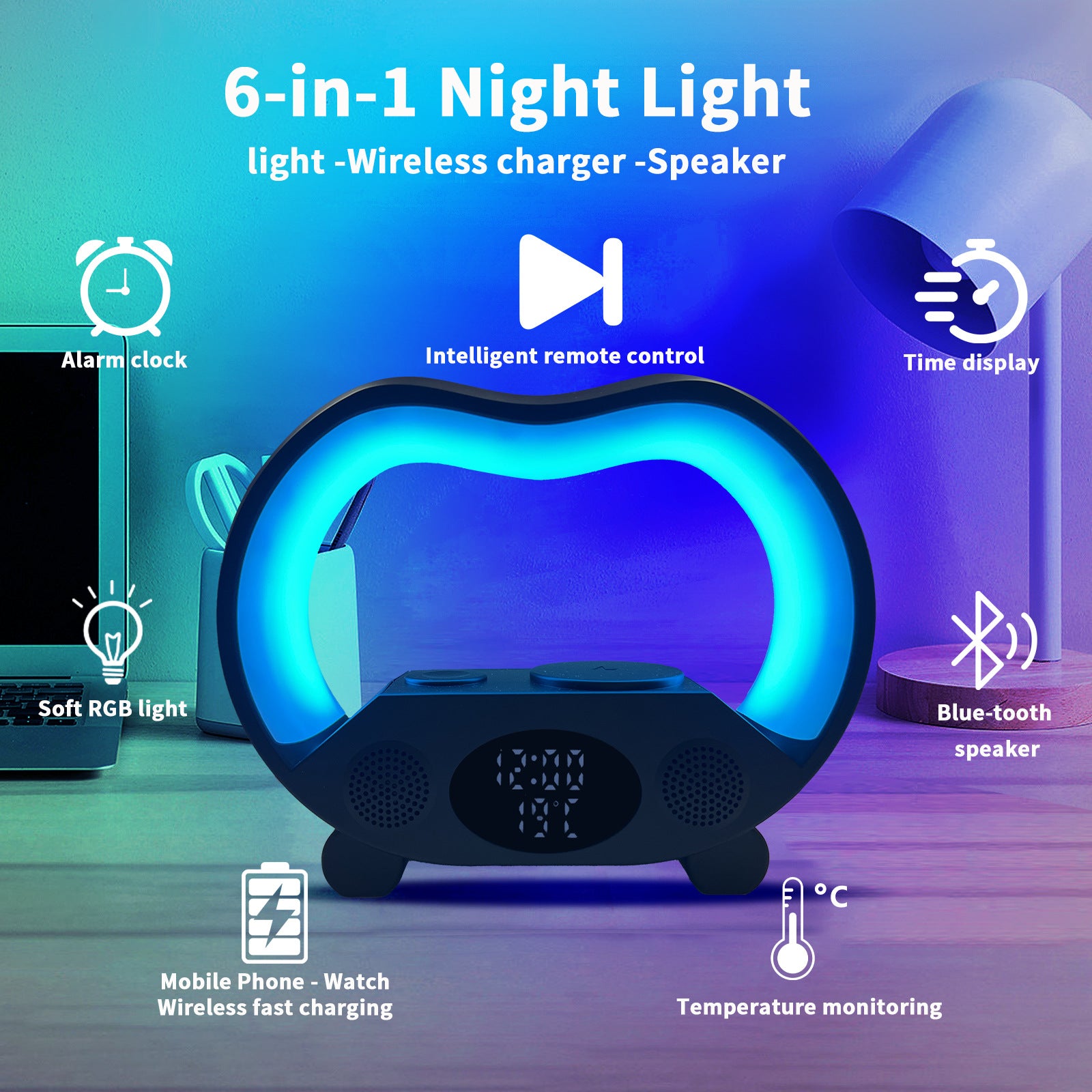 New 6 In 1 Smart Remote Control Bluetooth-compatible LED Table Lamp/Alarm Clock