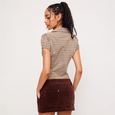 Women's Retro Plaid Lace-Up Small Lapel Shirt