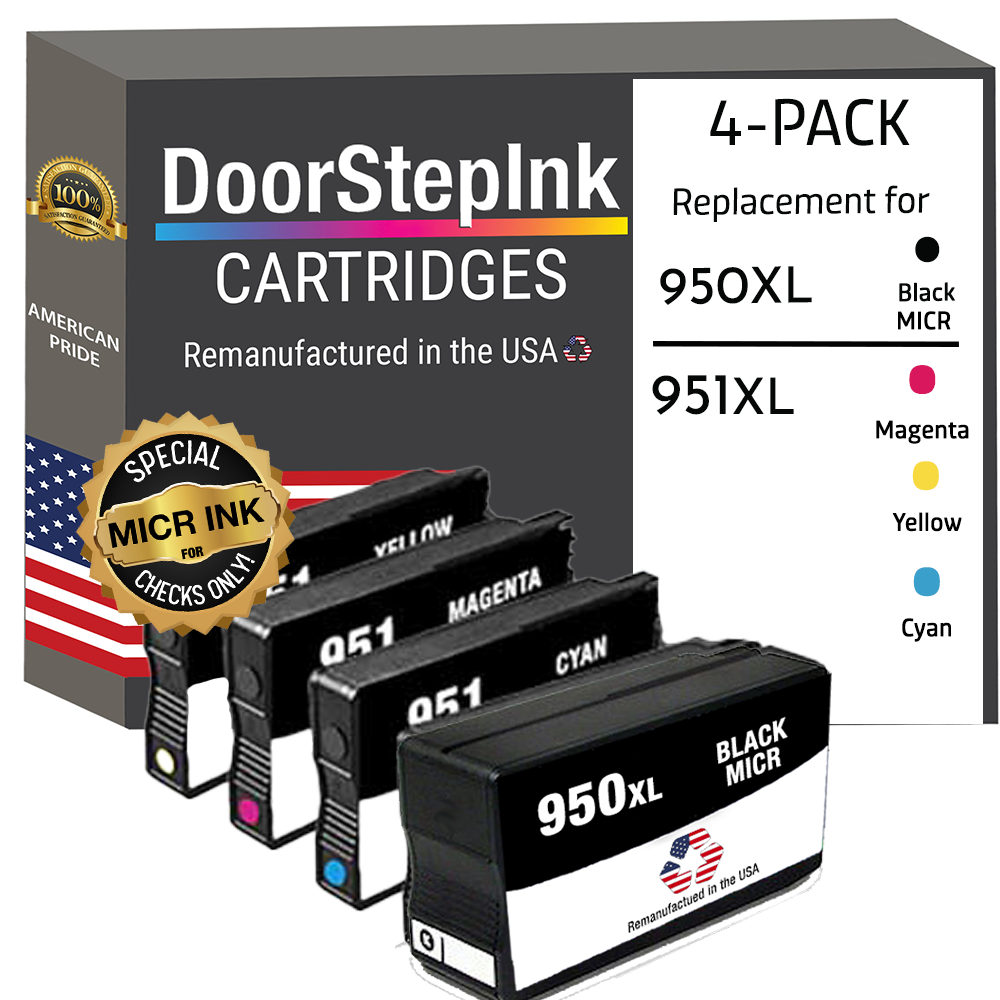 DoorStepInk Brand for HP 950XL 1 Black MICR / 951XL 3 Color 4-pack Remanufactured in the USA Ink Cartridges
