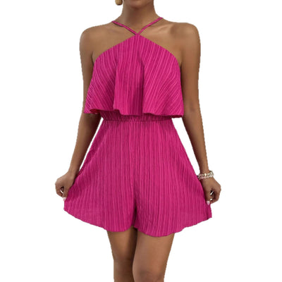 Crinkled Halter Neck Ruffled Jumpsuit Women's One Piece Summer Outfit With Flared Legs And Lightweight Breathable Design