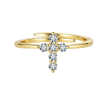 925 Sterling Silver Elegant Gold Cross Ring with CZ Accents and Delicate Interwoven Band