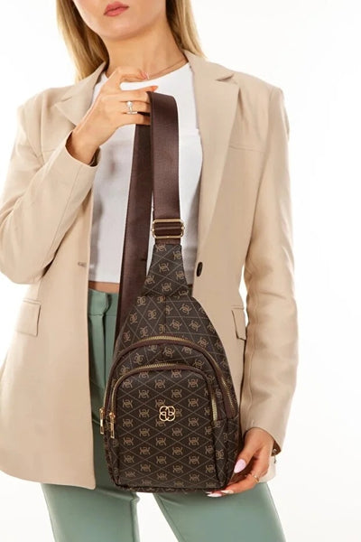 Women Brown Leather Monogram Crossbody Chest And Shoulder Bag