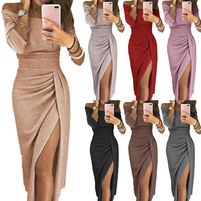 Fashion Elegant Evening Off Shoulder High Waist Night Club Slash Neck Midi Dress