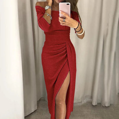 Fashion Elegant Evening Off Shoulder High Waist Night Club Slash Neck Midi Dress