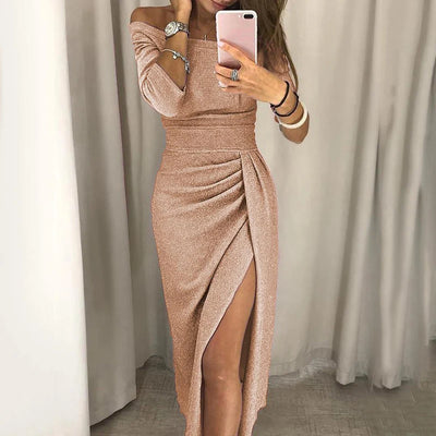 Fashion Elegant Evening Off Shoulder High Waist Night Club Slash Neck Midi Dress