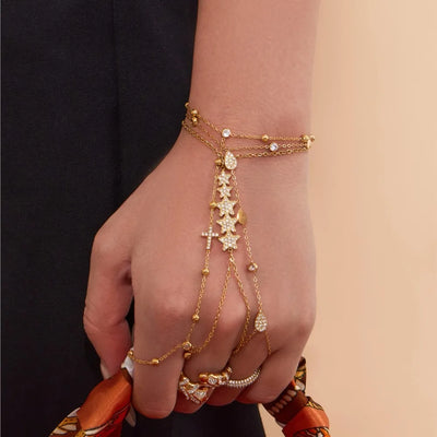 Dainty Hand Chain Bracelets In Stainless Steel with 18k Gold Plate and Cubic Zirconia