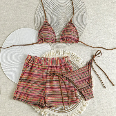 Sexy Striped String Bikini Set with Shorts Bottom