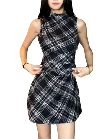 New French Women's Summer Dress-Tight Hip-Black Plaid-Sleeveless