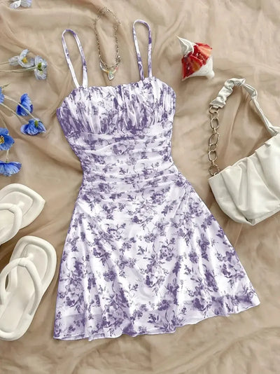 Summer Women's Fashionable Printed Pleated Dress-Elegant Women's Vacation Style Backless Suspender
