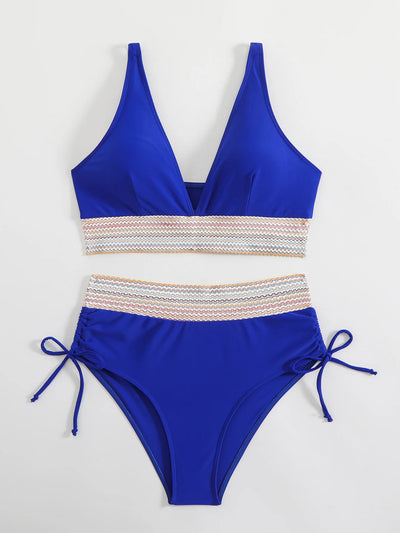 2026 Solid Color Drawstring Bikini Set-High Waist