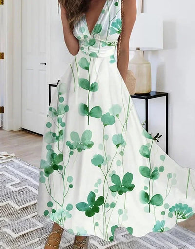 Summer Women's Fashion V-Neck Sleeveless High Waist Long Dress