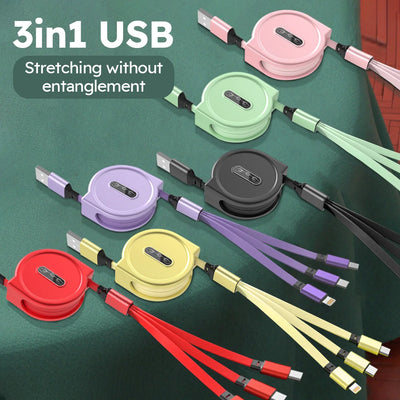 3 In 1 Retractable USB Cable Data Cord For iPhone-Multi Port Charging Adapter