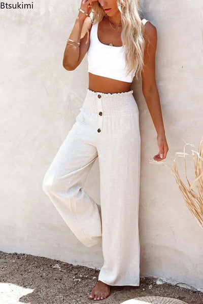 2026 Women's Casual Pants-High Waist-Button Fly-Pockets-Wide Leg