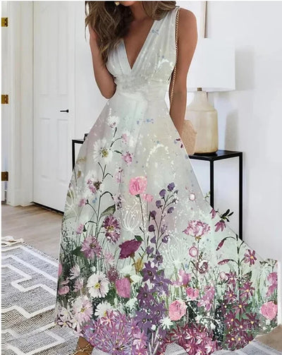 Summer Women's Fashion V-Neck Sleeveless High Waist Long Dress