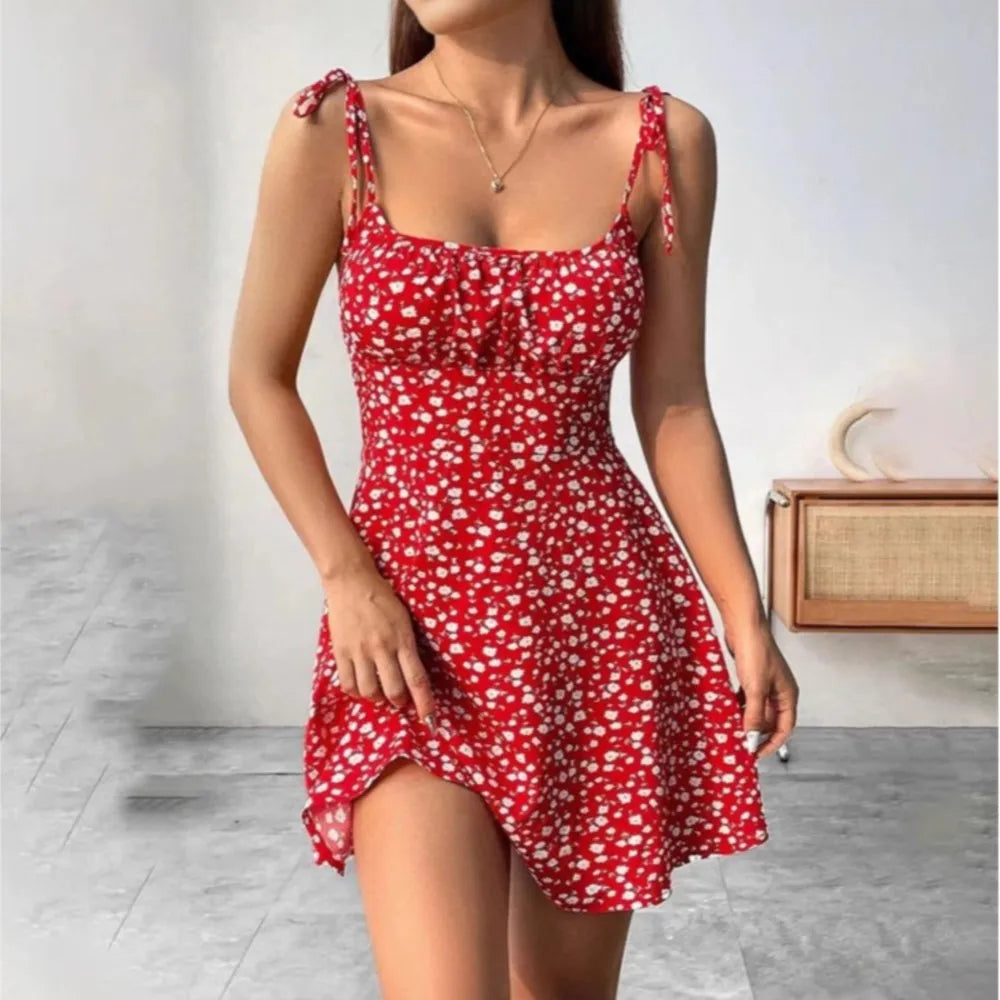 Women's Summer Fashion Floral Print Short Dress With Adjustable Shoulder Straps