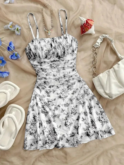 Summer Women's Fashionable Printed Pleated Dress-Elegant Women's Vacation Style Backless Suspender