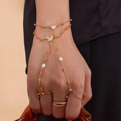 Dainty Hand Chain Bracelets In Stainless Steel with 18k Gold Plate and Cubic Zirconia