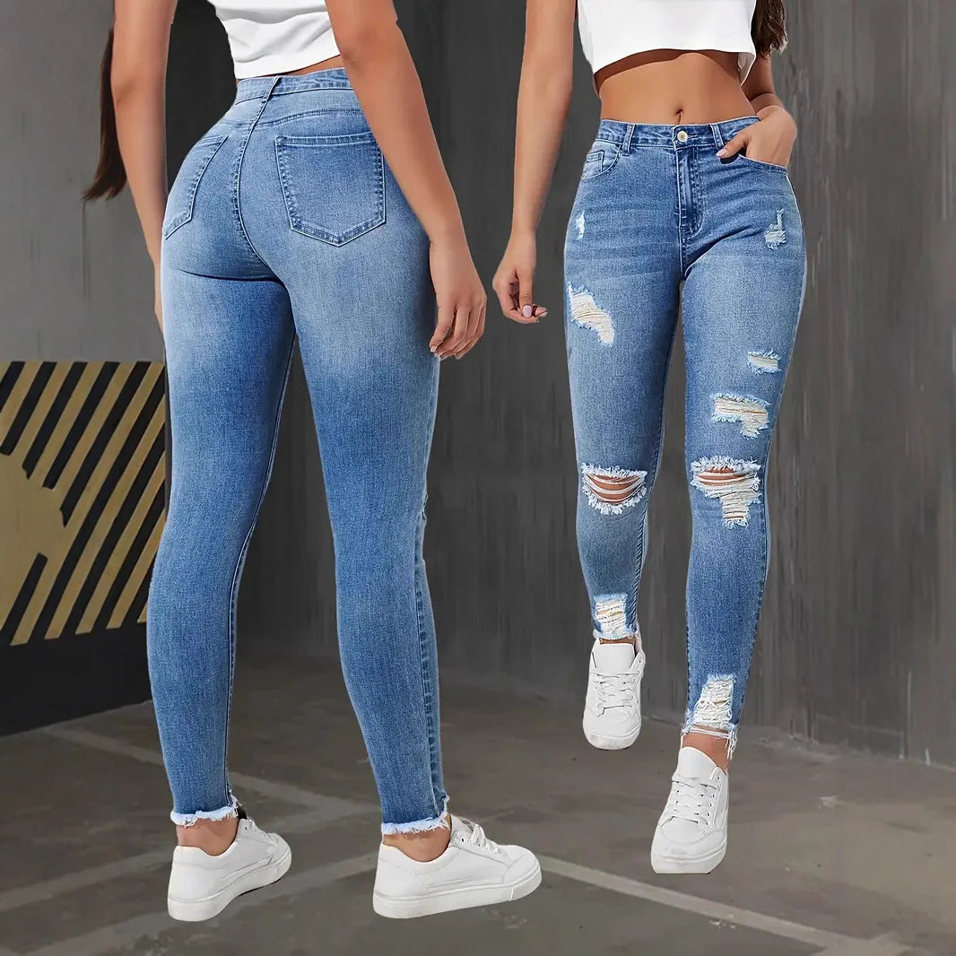 Fashion Skinny Ripped Jeans for Women-Stretchy High Waisted