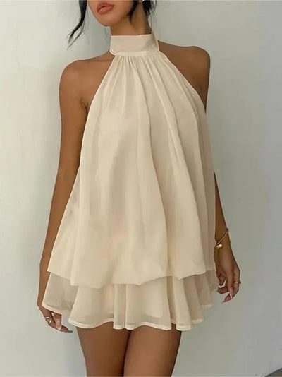 New Women's Halter Neck Dress Backless Tie-Front Chiffon Sheer Mini Skirt Fashionable Sexy Y2K Vintage Cute Party Birthday Dress