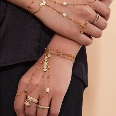 Dainty Hand Chain Bracelets In Stainless Steel with 18k Gold Plate and Cubic Zirconia