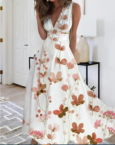 Summer Women's Fashion V-Neck Sleeveless High Waist Long Dress