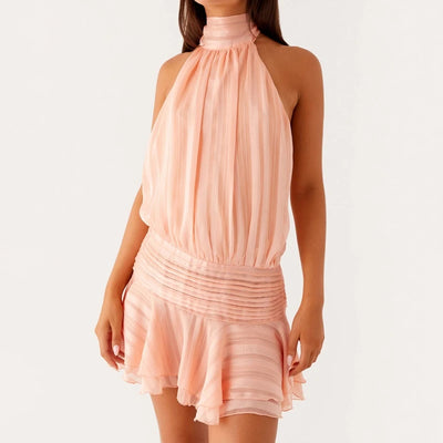Women's Halter Ruffles Mini Dress-Lace Up Backless Beach Party Dress-Summer Fashion Vacation Lady Cocktail Dress