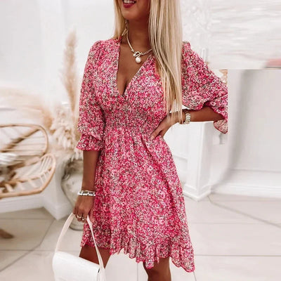 Summer Fashion Floral Dress for Women-Midi Skirt Casual-Tightened Waist Pullover-Short Sleeves