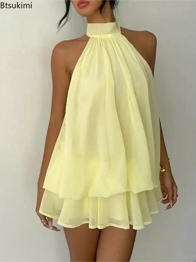 New Women's Halter Neck Dress Backless Tie-Front Chiffon Sheer Mini Skirt Fashionable Sexy Y2K Vintage Cute Party Birthday Dress