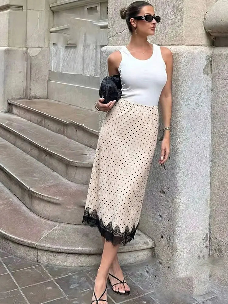 Women's Elegant Fashion Polka Dot Lace Skirt-Luxury Satin High Waist Straight Midi Skirt