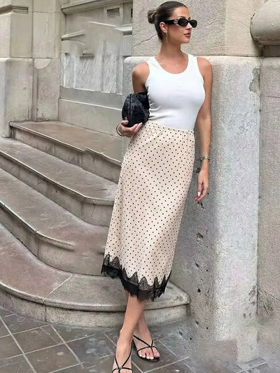 Women's Elegant Fashion Polka Dot Lace Skirt-Luxury Satin High Waist Straight Midi Skirt