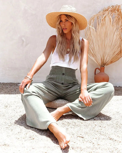 2026 Women's Casual Pants-High Waist-Button Fly-Pockets-Wide Leg