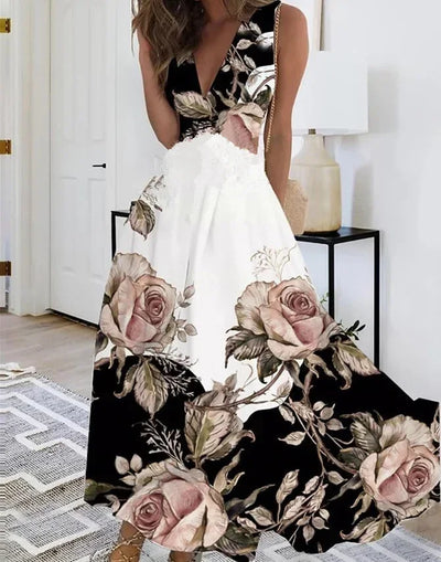 Summer Women's Fashion V-Neck Sleeveless High Waist Long Dress